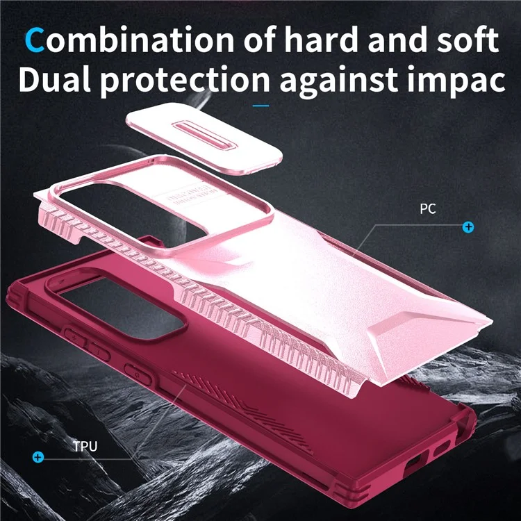 For Samsung Galaxy S24 Ultra Case with Slide Camera Guard PC+TPU Anti-Slip Phone Cover - Pink / Wine Red