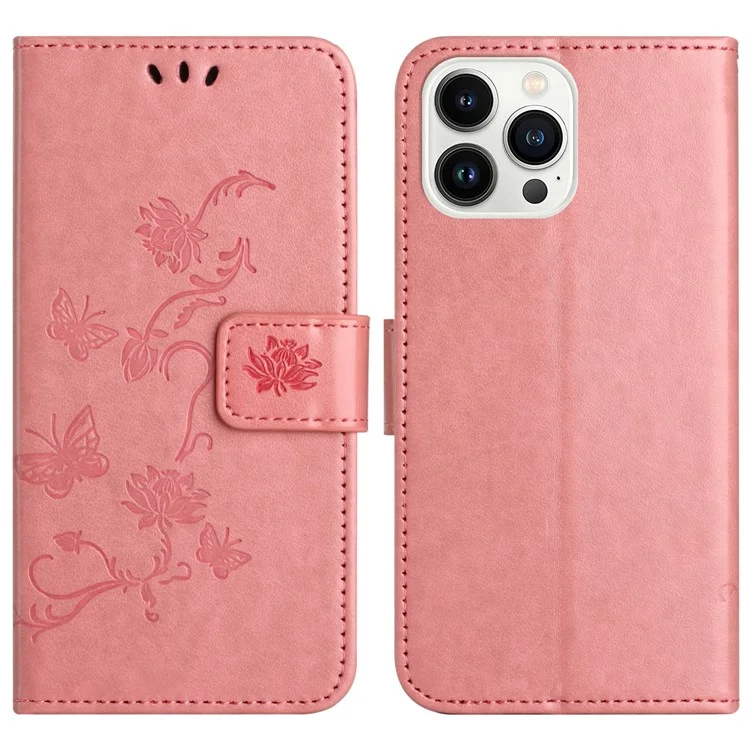 Per iPhone 16 Pro Case PU Leather Wallet Phone Cover Butterfly Flower Pattern - Pink