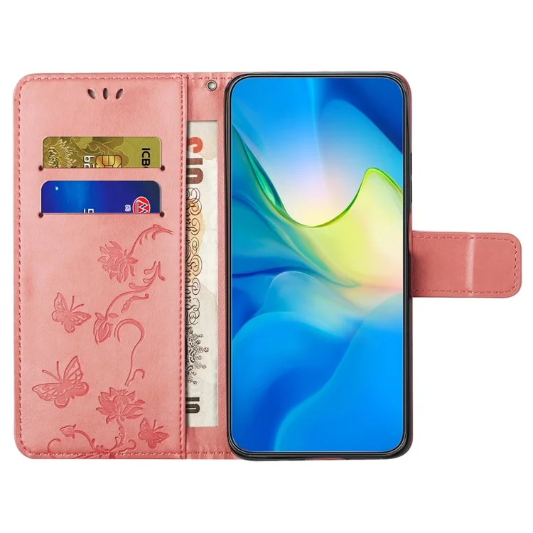 Per iPhone 16 Pro Case PU Leather Wallet Phone Cover Butterfly Flower Pattern - Pink