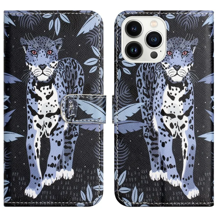 Para iPhone 16 Pro Leather Phone Case Cross Texture Pattern Printing - Leopardo