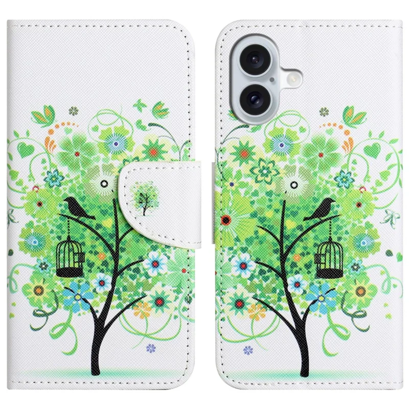 Per iPhone 16 Case Pattern Printing PU Leather Wallet Phone Cover Stand View - Green Tree