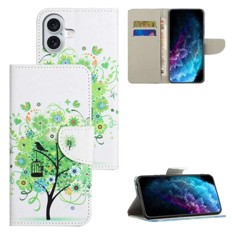 Per iPhone 16 Case Pattern Printing PU Leather Wallet Phone Cover Stand View - Green Tree