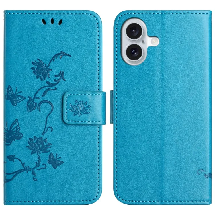 For iPhone 16 Case Wallet Stand PU Leather Butterfly Flower Phone Cover - Blue
