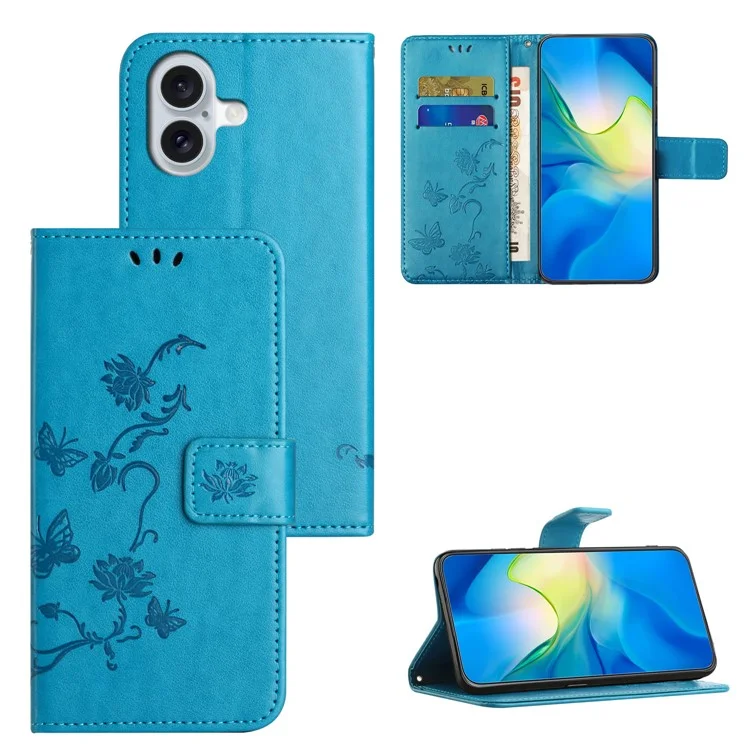 For iPhone 16 Case Wallet Stand PU Leather Butterfly Flower Phone Cover - Blue