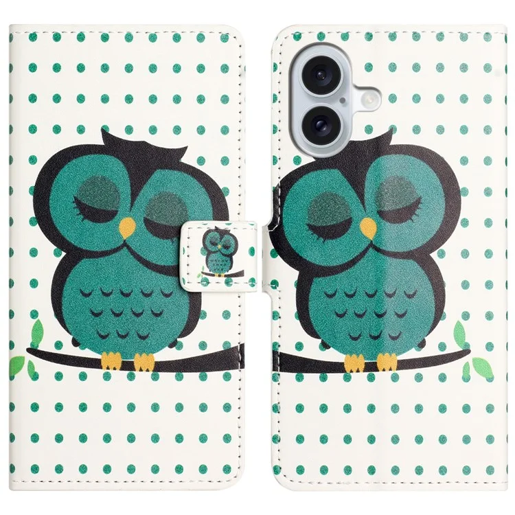 For iPhone 16 Case Pattern Print Leather Phone Cover with Wallet Stand - Dots / Owl
