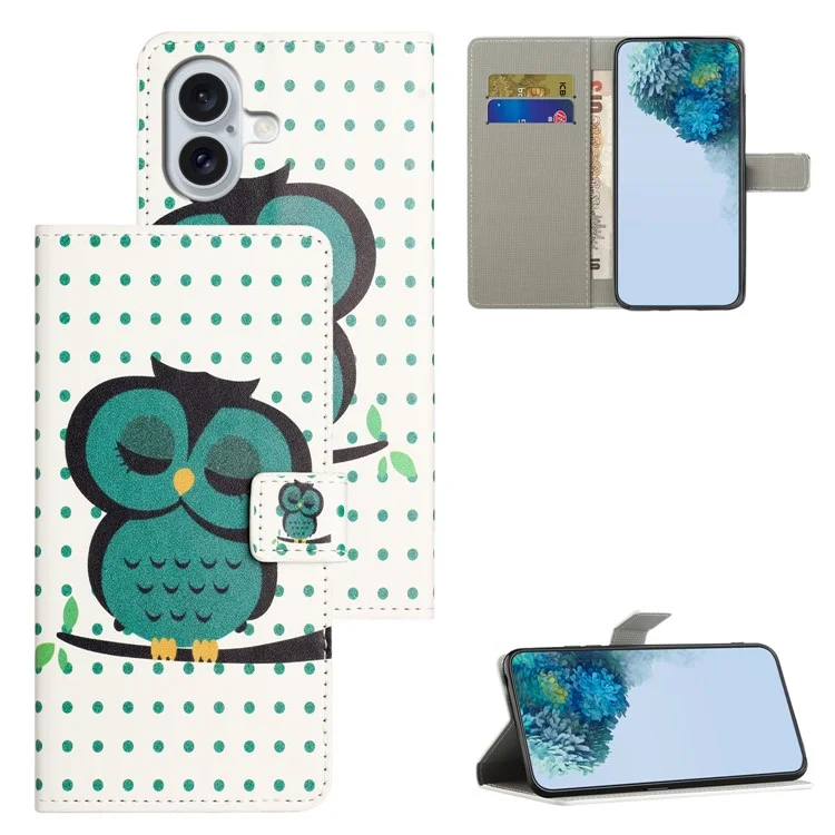 For iPhone 16 Case Pattern Print Leather Phone Cover with Wallet Stand - Dots / Owl