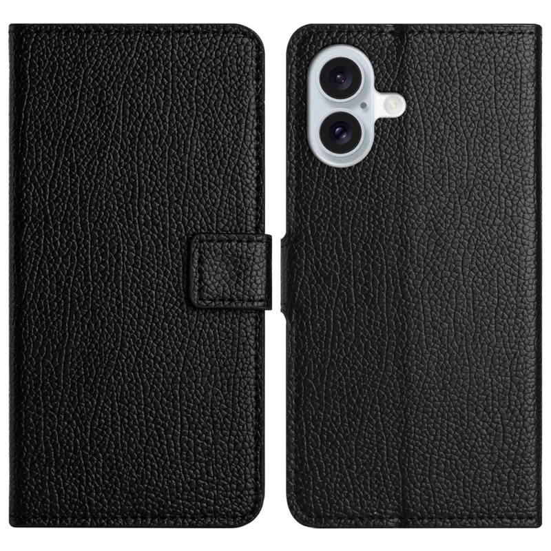 For iPhone 16 Case Litchi Texture PU Leather Wallet Folio Flip Phone Cover - Schwarz