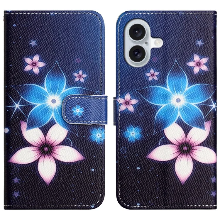 For iPhone 16 Case Pattern Print PU Leather Wallet Phone Cover Cross Texture - Blue Flower
