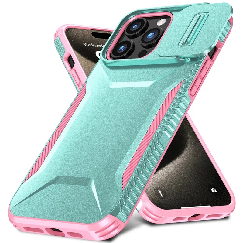 For iPhone 15 Pro Case Anti-Slip PC+TPU Phone Cover with Slide Camera Guard - Green  /  Pink
