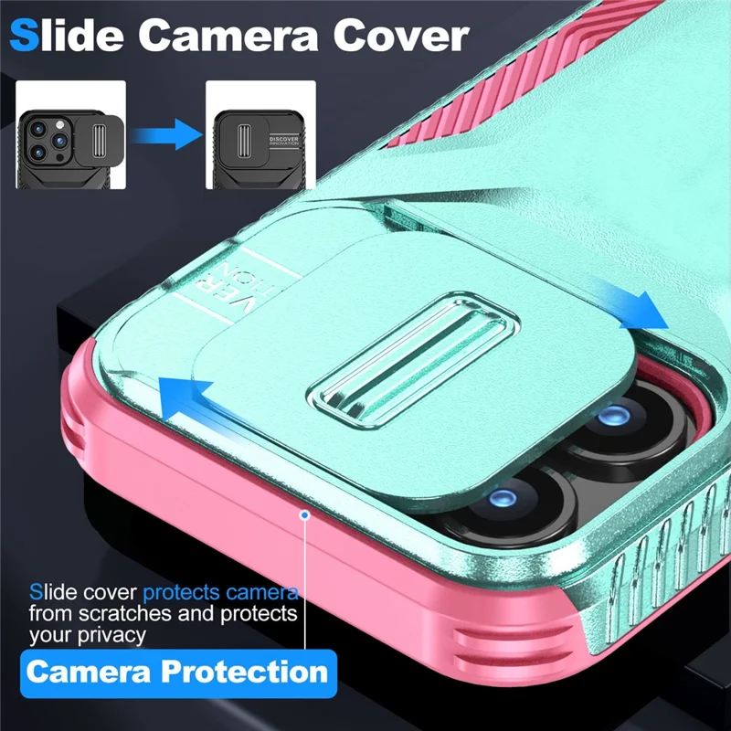 For iPhone 15 Pro Case Anti-Slip PC+TPU Phone Cover with Slide Camera Guard - Green  /  Pink