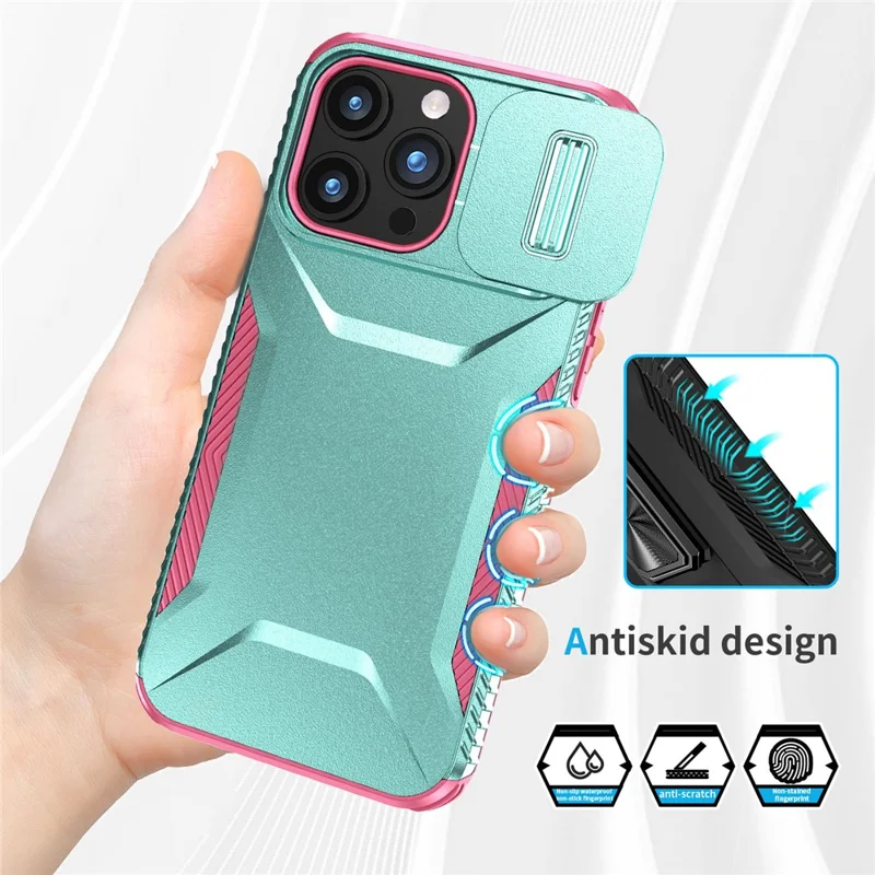 For iPhone 15 Pro Case Anti-Slip PC+TPU Phone Cover with Slide Camera Guard - Green  /  Pink