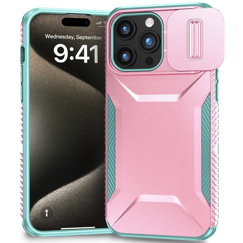 For iPhone 15 Pro Case Anti-Slip PC+TPU Phone Cover with Slide Camera Guard - Pink  /  Green