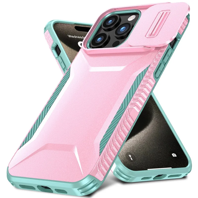 For iPhone 15 Pro Case Anti-Slip PC+TPU Phone Cover with Slide Camera Guard - Pink  /  Green