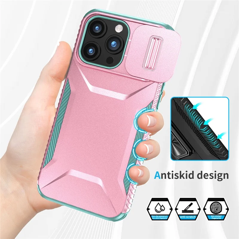 For iPhone 15 Pro Case Anti-Slip PC+TPU Phone Cover with Slide Camera Guard - Pink  /  Green
