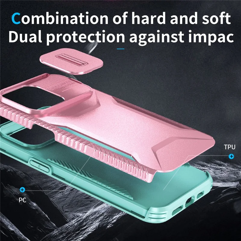 For iPhone 15 Pro Case Anti-Slip PC+TPU Phone Cover with Slide Camera Guard - Pink  /  Green