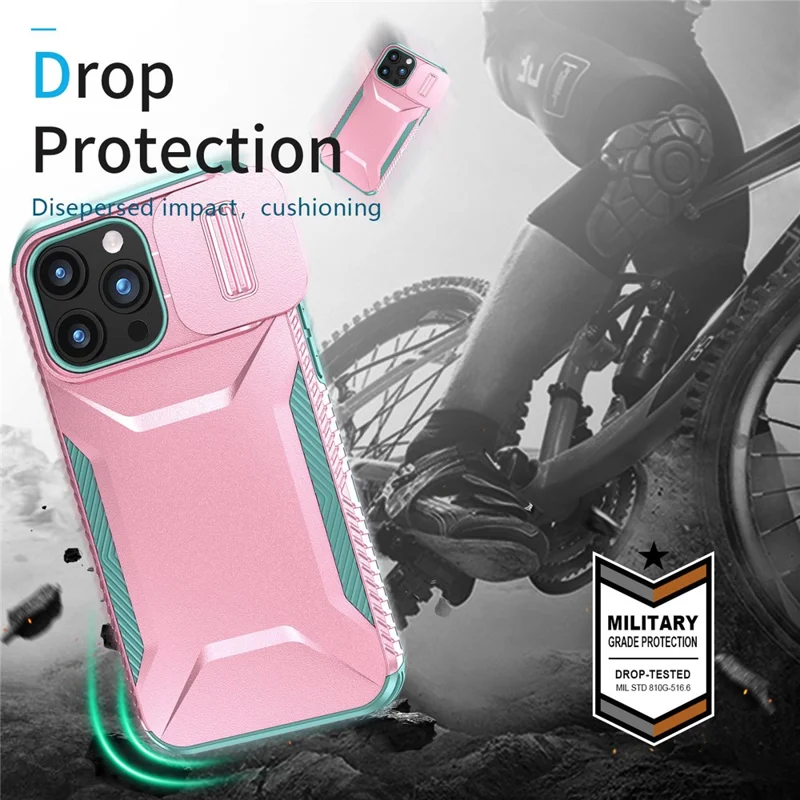 For iPhone 15 Pro Case Anti-Slip PC+TPU Phone Cover with Slide Camera Guard - Pink  /  Green