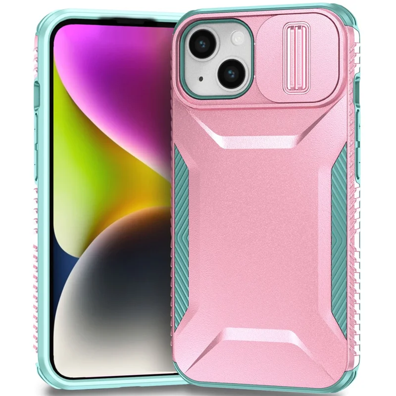 Para el Caso de iPhone 15 PC+TPU Anti-Slip Phone Cover con Tapa deslizante para cámara - Rosa / Verde