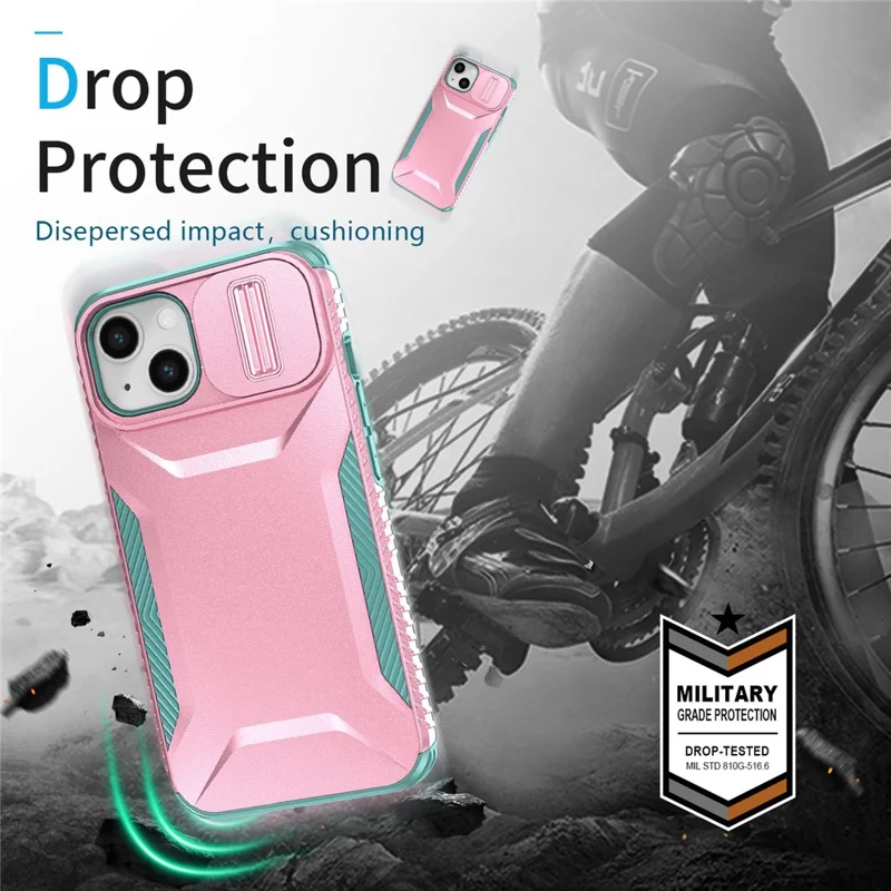 Para el Caso de iPhone 15 PC+TPU Anti-Slip Phone Cover con Tapa deslizante para cámara - Rosa / Verde