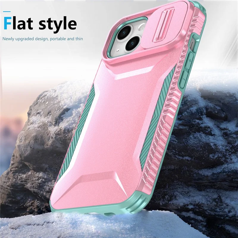Para el Caso de iPhone 15 PC+TPU Anti-Slip Phone Cover con Tapa deslizante para cámara - Rosa / Verde
