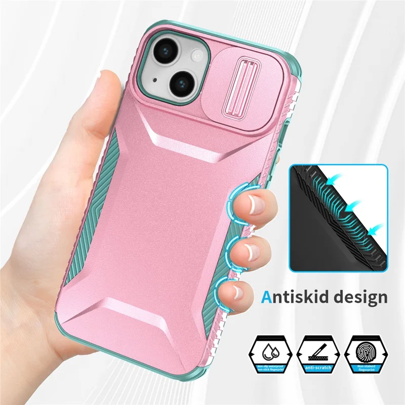 Para el Caso de iPhone 15 PC+TPU Anti-Slip Phone Cover con Tapa deslizante para cámara - Rosa / Verde