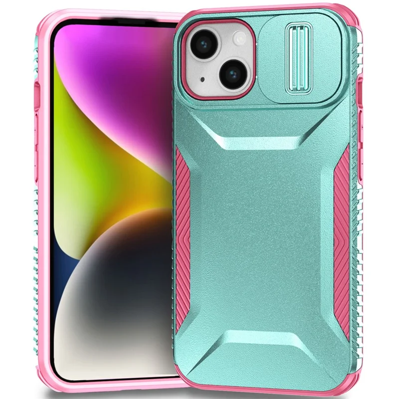 For iPhone 15 Case PC+TPU Anti-Slip Phone Cover with Slide Camera Lid - Green / Pink