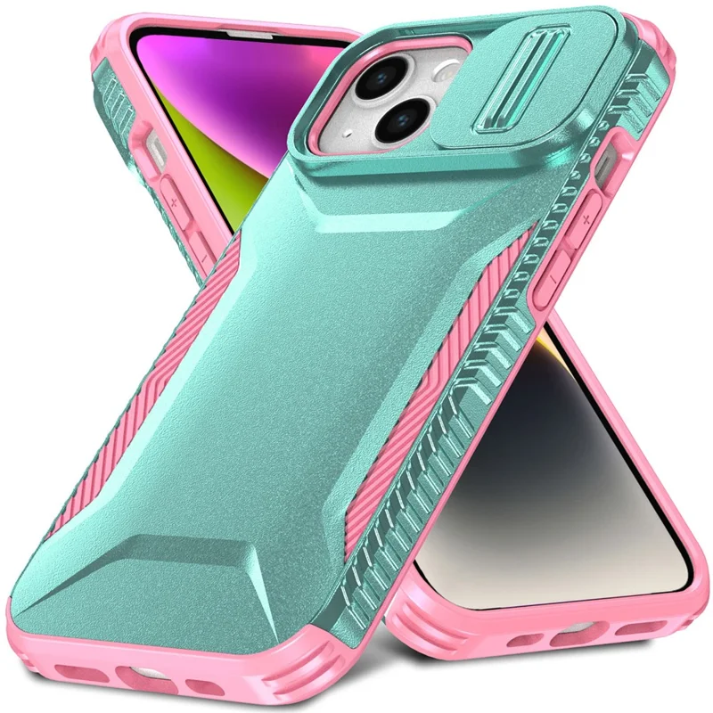 For iPhone 15 Case PC+TPU Anti-Slip Phone Cover with Slide Camera Lid - Green / Pink