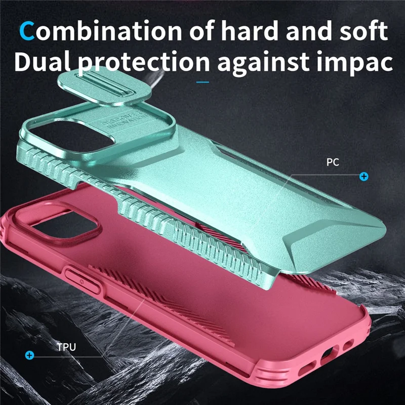 For iPhone 15 Case PC+TPU Anti-Slip Phone Cover with Slide Camera Lid - Green / Pink
