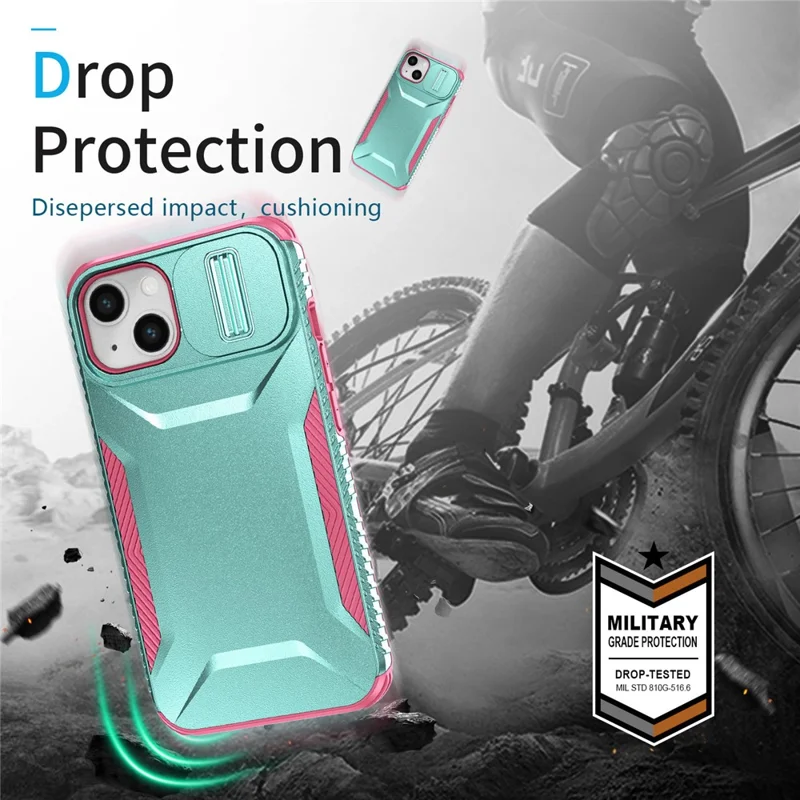 For iPhone 15 Case PC+TPU Anti-Slip Phone Cover with Slide Camera Lid - Green / Pink