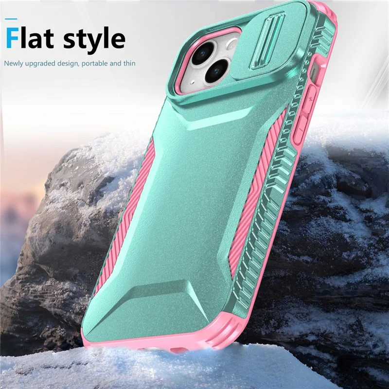 For iPhone 15 Case PC+TPU Anti-Slip Phone Cover with Slide Camera Lid - Green / Pink