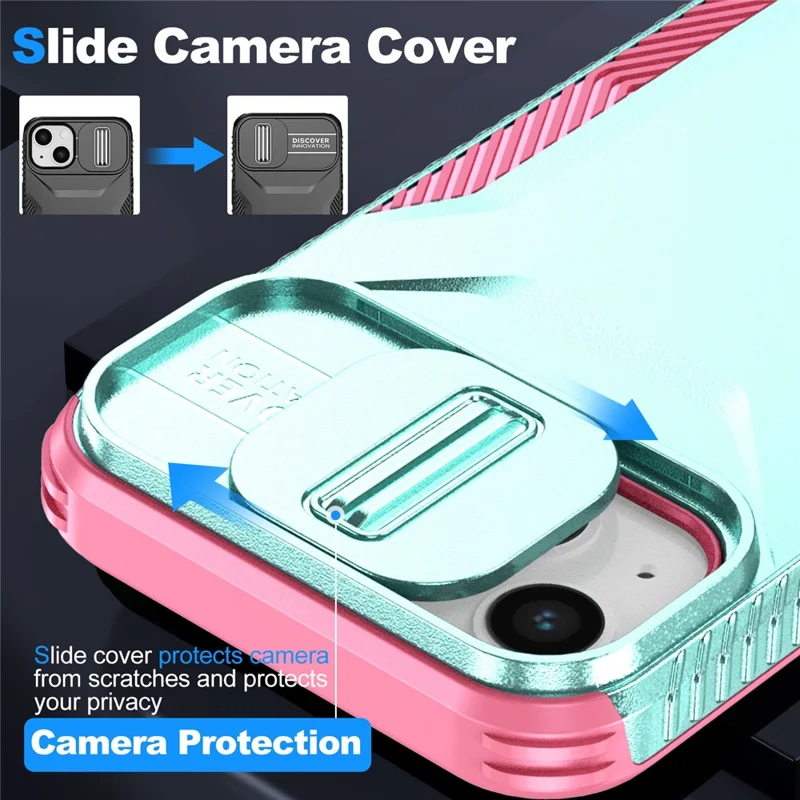 For iPhone 15 Case PC+TPU Anti-Slip Phone Cover with Slide Camera Lid - Green / Pink