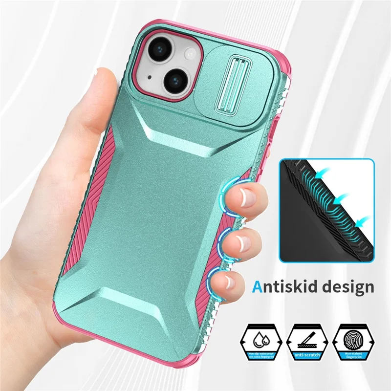 For iPhone 15 Case PC+TPU Anti-Slip Phone Cover with Slide Camera Lid - Green / Pink