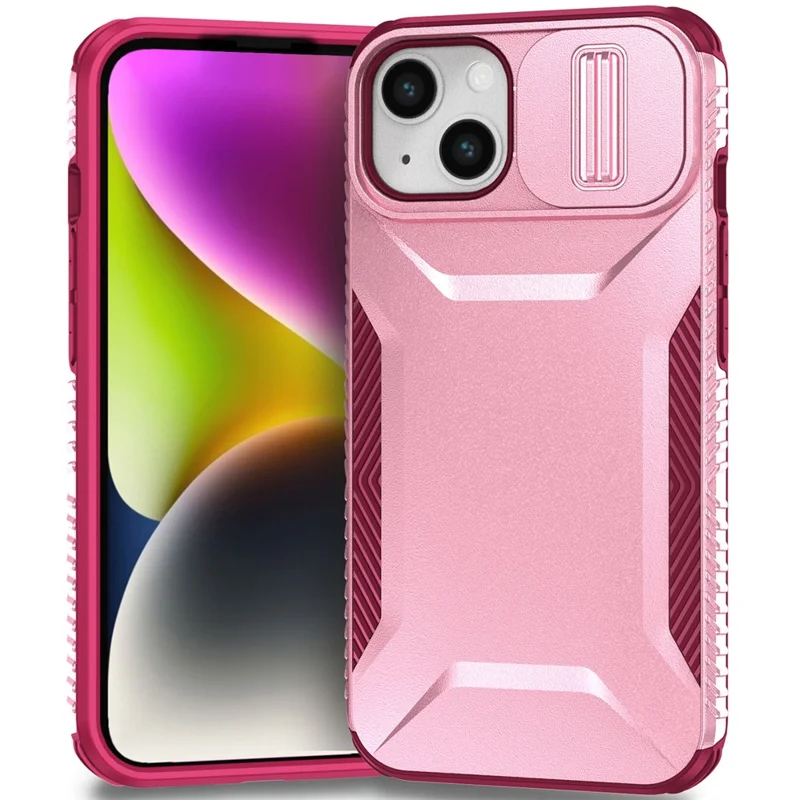 For iPhone 15 Case PC+TPU Anti-Slip Phone Cover with Slide Camera Lid - Pink / Wine Red
