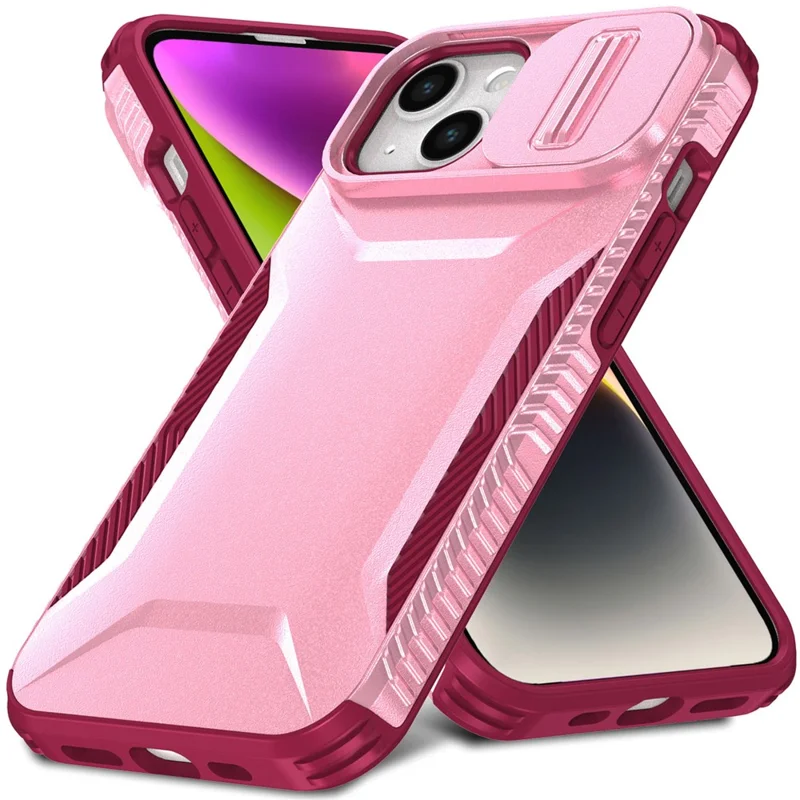 For iPhone 15 Case PC+TPU Anti-Slip Phone Cover with Slide Camera Lid - Pink / Wine Red
