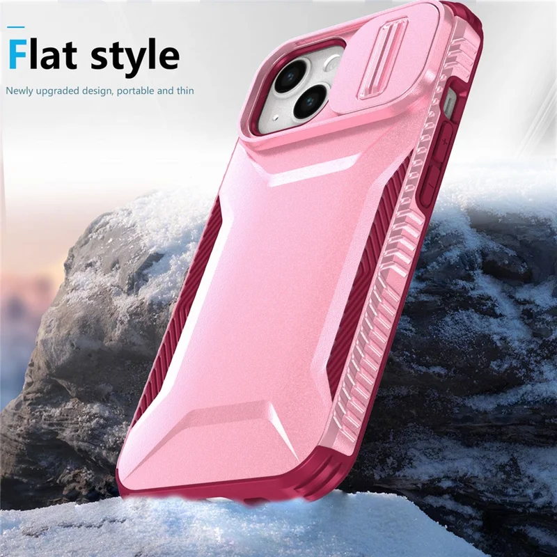 For iPhone 15 Case PC+TPU Anti-Slip Phone Cover with Slide Camera Lid - Pink / Wine Red