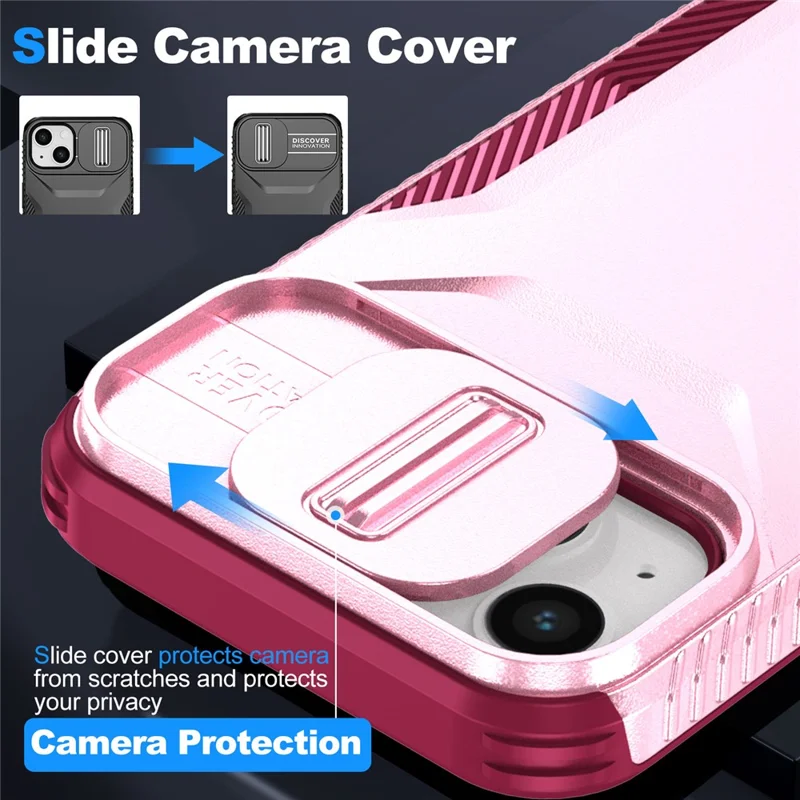 For iPhone 15 Case PC+TPU Anti-Slip Phone Cover with Slide Camera Lid - Pink / Wine Red