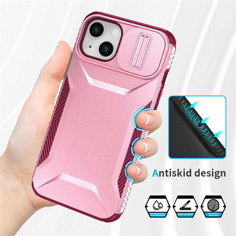 For iPhone 15 Case PC+TPU Anti-Slip Phone Cover with Slide Camera Lid - Pink / Wine Red