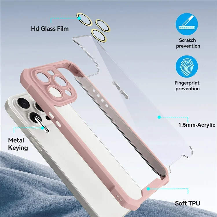 Per iPhone 13 Pro Case Acrylic+TPU Reinforced Corners Protective Cover with Lens Film - Pink