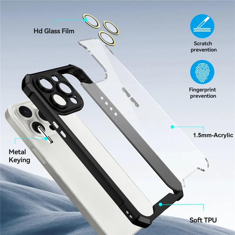 For iPhone 13 Pro Case Acrylic+TPU Reinforced Corners Protective Cover with Lens Film - Black