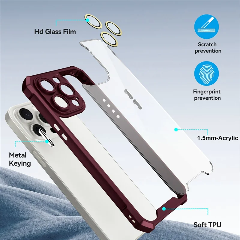 For iPhone 13 Pro Case Acrylic+TPU Reinforced Corners Protective Cover with Lens Film - Wine Red