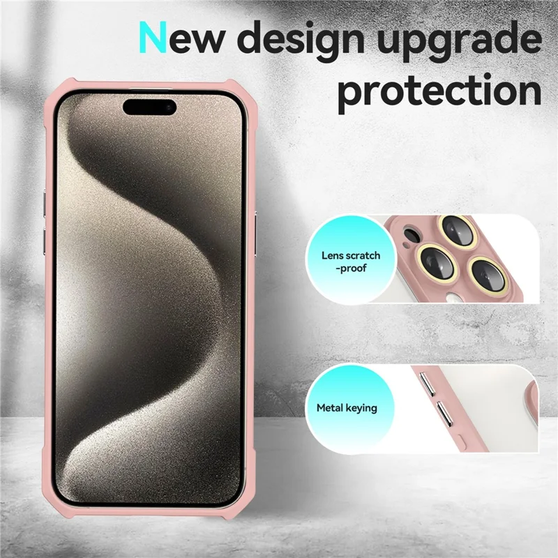 Para iPhone 15 Pro Max Case Reforçado Cantos Acrílico+TPU Capa de Telefone Transparente com Filme da Lente, Botões Eletroplados - Rosa