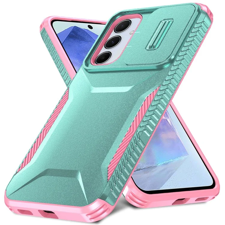 For Samsung Galaxy A55 5G Shockproof Case PC+TPU Phone Shell with Sliding Camera Cover - Green / Pink