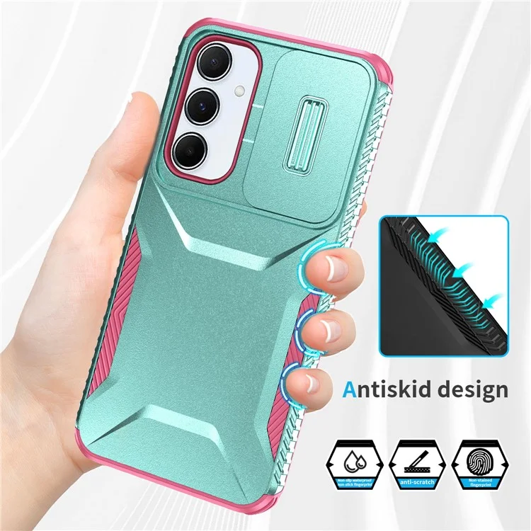 For Samsung Galaxy A55 5G Shockproof Case PC+TPU Phone Shell with Sliding Camera Cover - Green / Pink