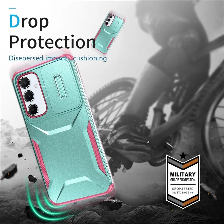 For Samsung Galaxy A55 5G Shockproof Case PC+TPU Phone Shell with Sliding Camera Cover - Green / Pink
