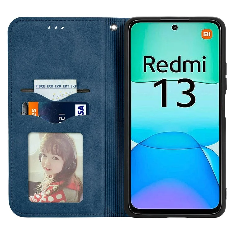 Per Xiaomi Redmi 13 5G / 4G Case Hidden Magnetic Leather Folding Stand Phone Cover - Dark Blue