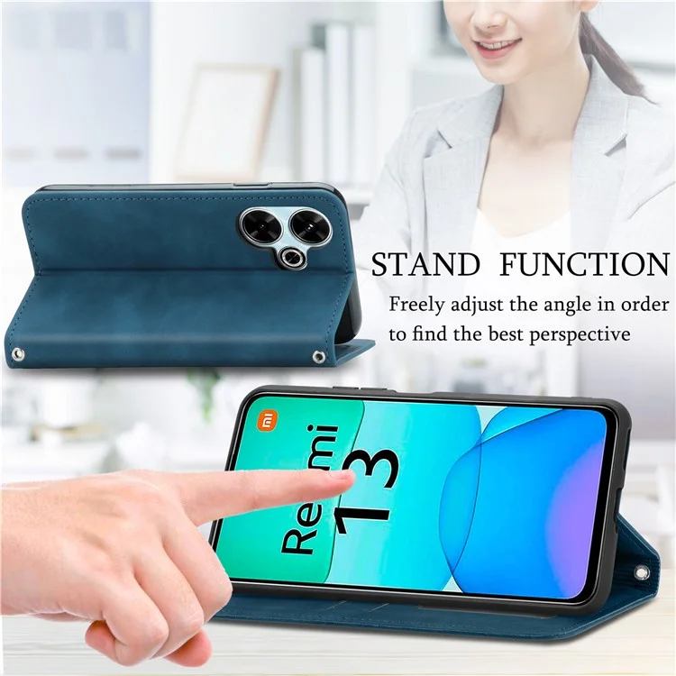Per Xiaomi Redmi 13 5G / 4G Case Hidden Magnetic Leather Folding Stand Phone Cover - Dark Blue