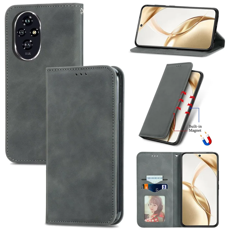 For Honor 200 5G Case Card Holder Vintage Leather Phone Cover - Grey