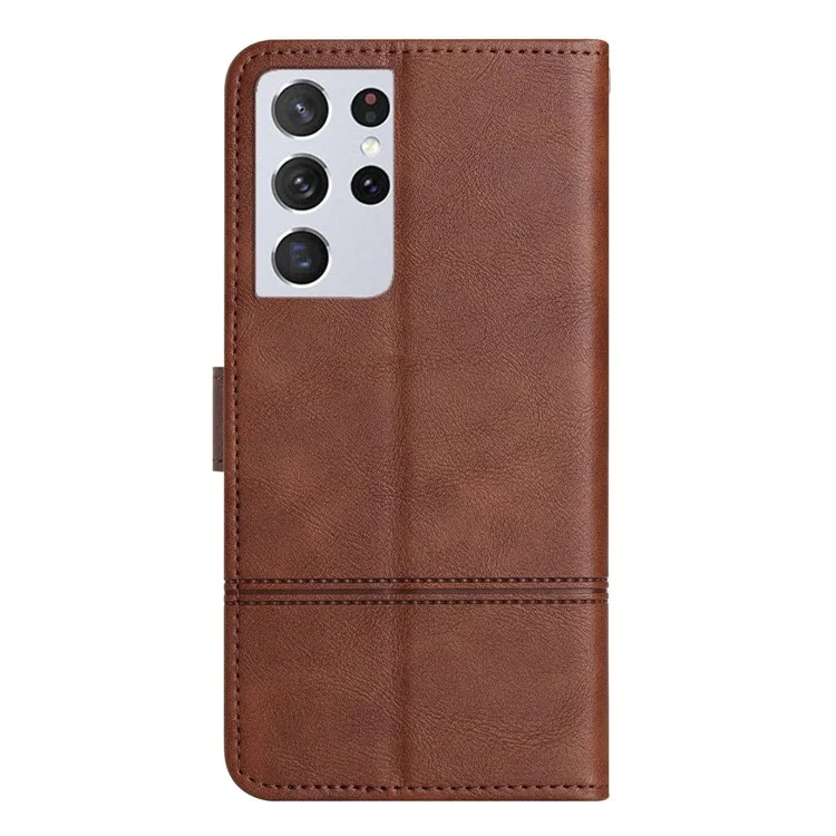 Étui de Téléphone de Texture de Cuve Pour Samsung Galaxy S21 Ultra 5G, Couture Portefeuille Style Commercial pu le Cuir Pliant Stand Flip Couvercle - Café