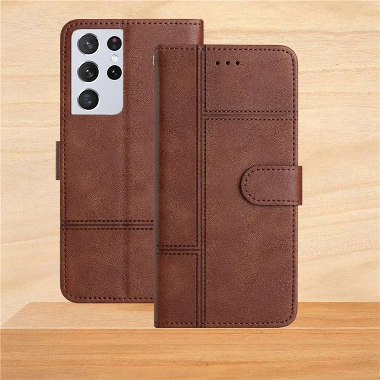 Étui de Téléphone de Texture de Cuve Pour Samsung Galaxy S21 Ultra 5G, Couture Portefeuille Style Commercial pu le Cuir Pliant Stand Flip Couvercle - Café