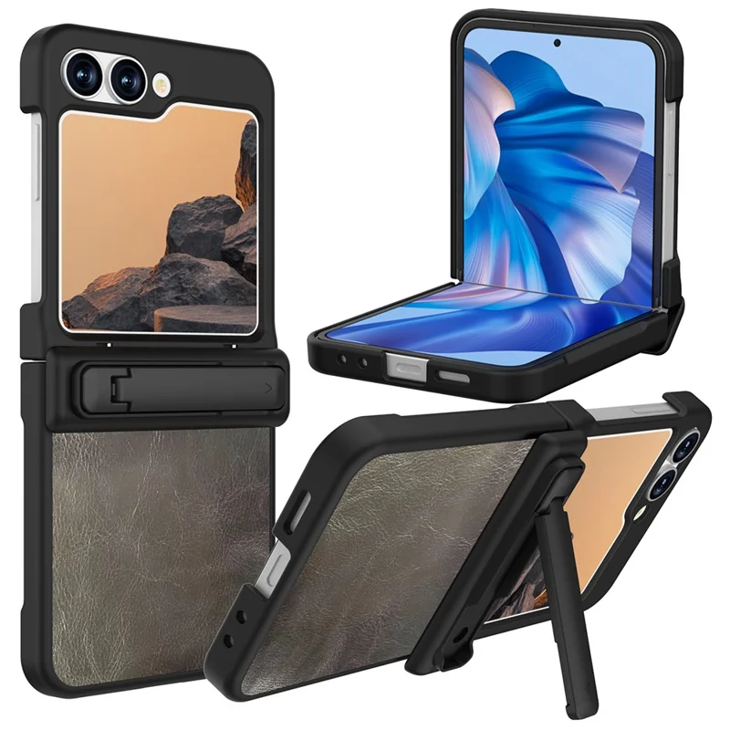 GW181 For Samsung Galaxy Z Flip7 FE 5G / Z Flip6 5G Case Crazy Horse Texture PU+PC Phone Cover with Kickstand - Dark Grey