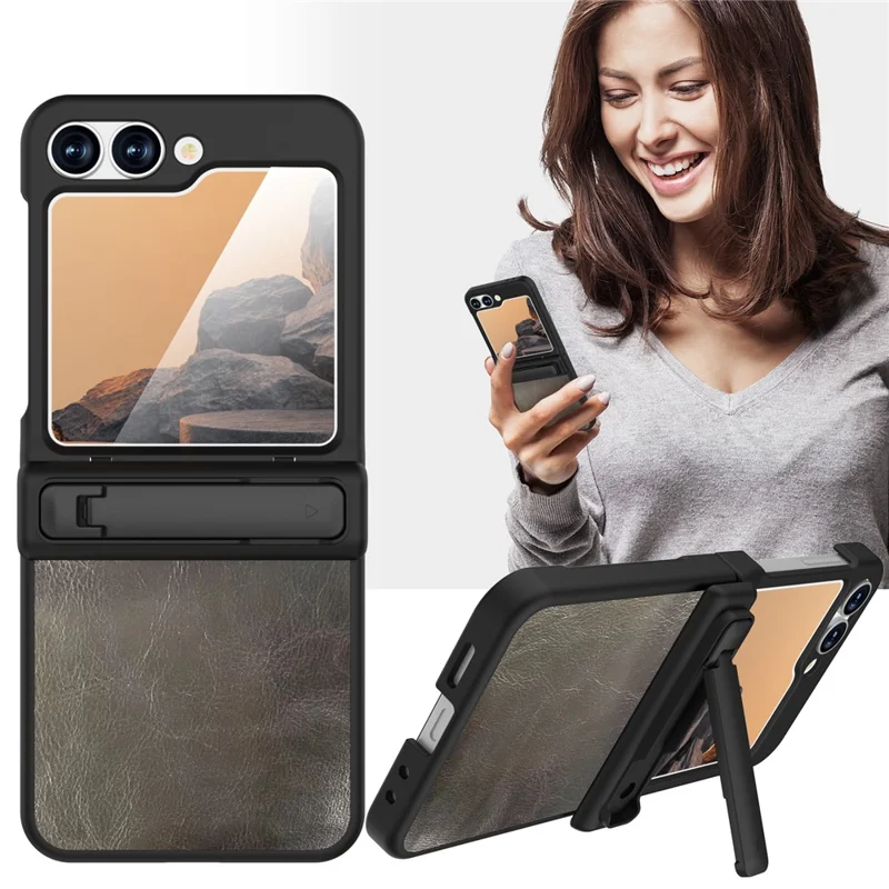 GW181 For Samsung Galaxy Z Flip7 FE 5G / Z Flip6 5G Case Crazy Horse Texture PU+PC Phone Cover with Kickstand - Dark Grey